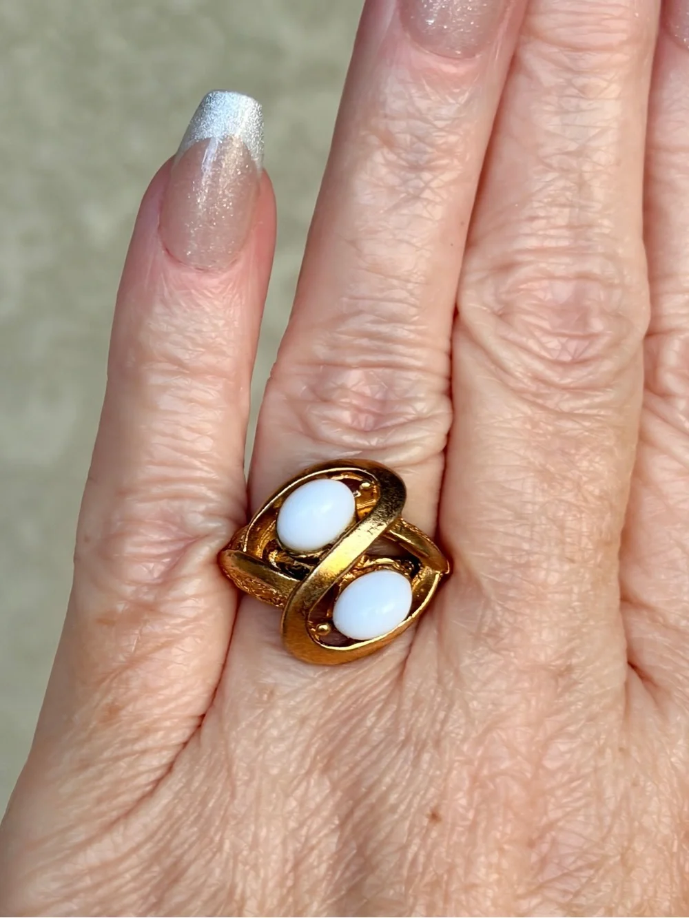 Contemporary Gold-Tone Ring with White Cabochons